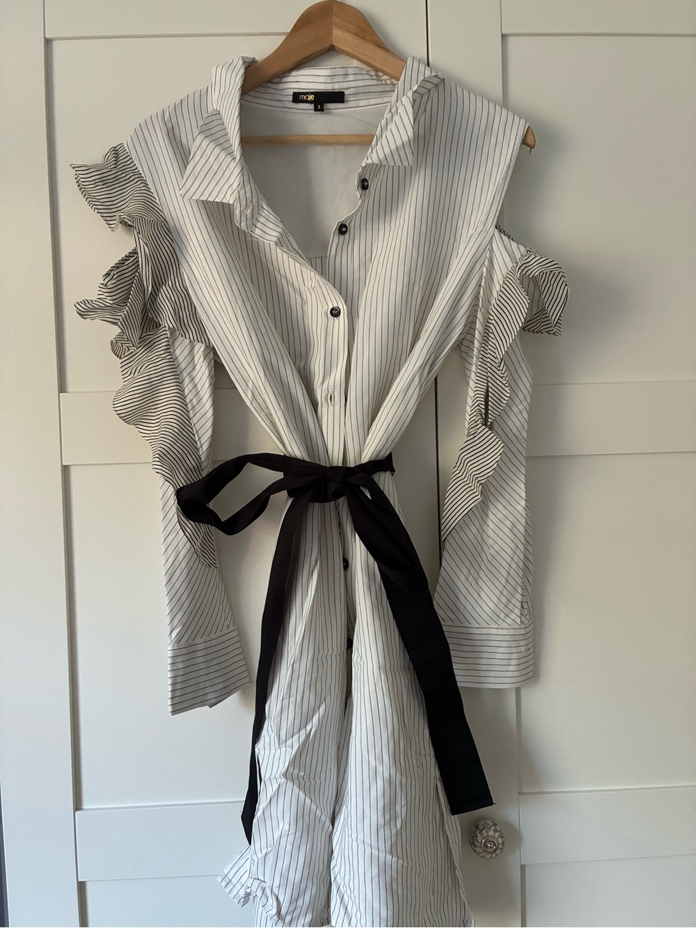 Maje White Pinstripe Cold-Shoulder Ruffle Shirt Dress with Black Waist Tie